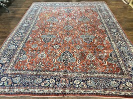 Per&#39;sian Sarouk Rug 9x12 Red Dark Blue Floral Allover Antique Wool Carpet - £4,649.16 GBP