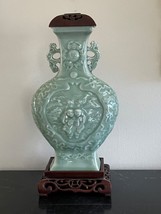 Vintage Chinese Republic Celadon Glazed Porcelain Vase on Wood Stand - $593.01
