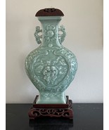 Vintage Chinese Republic Celadon Glazed Porcelain Vase on Wood Stand - £466.64 GBP