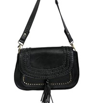 Antik Kraft Vegan Leather Black Studded Fringed Saddle Bag EUC Biker Core - $39.55