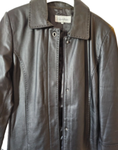 Calvin Klein Womens 100% Leather Coat Size Med Black Zipper And Snaps Lined - $74.26