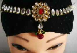 Gold Tone Arabian Head Piece Jewelry Rhinestone Indian Hair Chain Belly Dance - £12.06 GBP