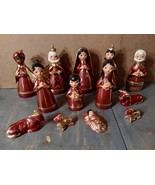Mexican Folk Art Painted Pottery Nativity Set Red &amp; Gold Set of 13 Vintage - €33,94 EUR