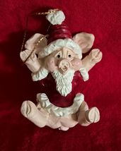 Vintage 1992 Kathy Wise Ornament Clay Pig Piglet w Santa Suit &amp; Hat - $9.90