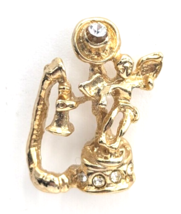 VTG Angel Cherub Candlestick Telephone Clear Rhinestones Gold Tone Pin Religious - £7.84 GBP