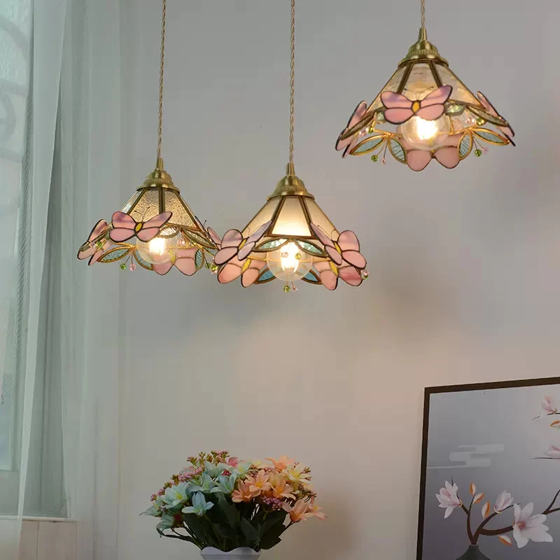 Retro Brass Hanging Light French Hand Soldered Glass Small Pendant Lamp ... - $65.75+
