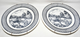 2 Antique Blue White Porcelain Plates w Wall Hangers Landscape Farm Scenes Mint - £27.93 GBP