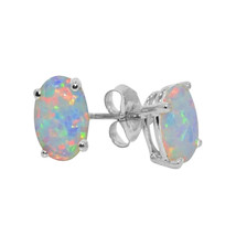 14K White Gold Plated Silver Simulated Oval Shape Fire Opal 8x6mm Stud Earrings - £14.38 GBP