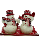 Bella Casa by Ganz ceramic Snowmen Salt and Pepper Shakers on Tray - $20.11