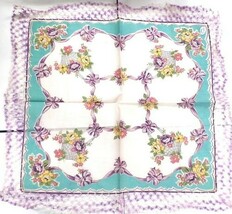 Vintage Hanky Handkerchief Basket Flowers Purples Crochets Edges NWT 1940s - $20.74