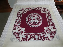 Vintage Maroon, Gray, White Floral Cotton Tablecloth - 47 1/2&quot; X 52 1/2&quot; - £22.91 GBP