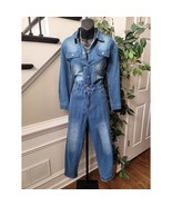 Women&#39;s Jumpsuit Small Blue Denim Long Sleeves Button Front Elastic Waist - $48.48 CAD