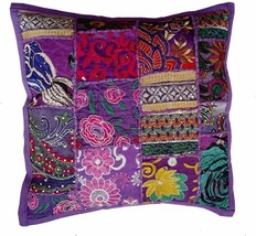 Handmade Patchwork Cushion Pillow, Sari Patch Indian Ethnic Embroidered (Purple) - £7.60 GBP