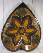 Hand Carved Shallow Decorative Bowl Hand Painted 12&quot; Heart Gold &amp; Black Flower. - £15.00 GBP