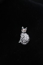 Vintage Jewelry Brooch Adorable Cat Rhinestone Red Eyes Silver Tone Lape... - $12.00