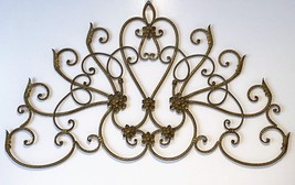 Large Ornate Metal Wall Hanging Scroll Floral Gold Bronze  46.5&quot; x 26.5&quot; Hanging - £38.39 GBP