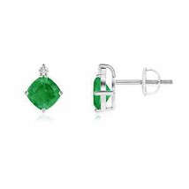 Natural Emerald Cushion Stud Earrings with Diamond in 14K Gold (Grade-A , 5MM) - £533.30 GBP