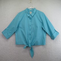 Chicos Shirt Womens Medium Blue No Iron Blouse Waist Tie 3/4 Sleeves Button Up - £17.00 GBP