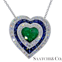 Platinum (950) Heart Shape Natural Emerald Sapphire Diamond Pendant With... - $10,791.00