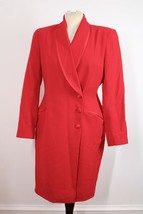 Vtg 80s Tahari 10 Red Wool Silk Trim Fitted Midi Coat Dress - $85.49