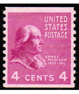 1939 4c James Madison, 4th U.S. President, Coil Scott 843 Mint F/VF NH - $10.25 CAD