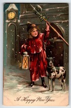 New Year Postcard Girl Great Dane  Dog Lantern Clock Embossed PFB 9526 Germany - £48.06 GBP