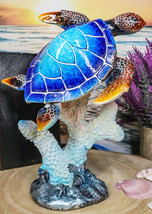 Nautical Ocean Blue Giant Sea Turtle Swimming By White Corals Figurine 8.75&quot;H - £24.77 GBP