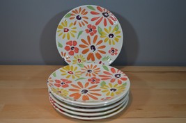 Pier 1 Dinner Plates Flowers Earthenware Orange Yellow Green 10.5&quot; set of 6 - £20.02 GBP