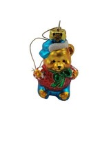 Christmas Glass Golden Bear Teddy Ornament with Blue Santa Hat Holiday  - £5.91 GBP