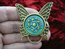 (E544) Blue green Czech Eyeglass BRASS butterfly pin pendant ID badge holder - £17.17 GBP