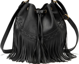 Leather Bucket Bags for Women Crossbody Fringe Purses with Drawstring La... - $46.80
