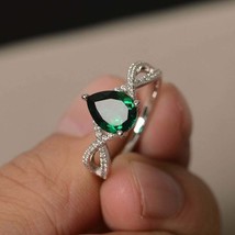 925 Sterling silver Pear Green emerald Handmade May Birthstone Ring Size  7.5 - £79.36 GBP