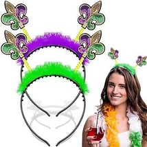 2Pcs Mardi Gras Headband for Adults Holiday Party Green Purple Sequins Hair Band - £15.64 GBP