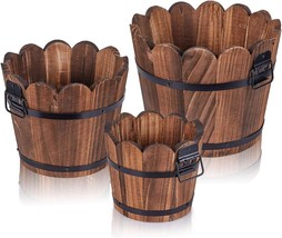 Three Wooden Bucket Barrel Planters, Rustic Patio Planters, And Flower P... - $44.95