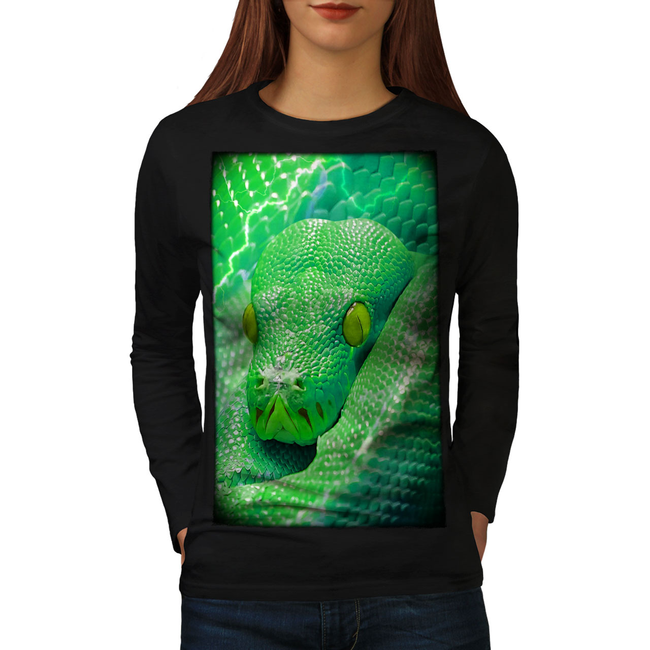 Snake Green Cute Animal Tee Nature Skin Women Long Sleeve T-shirt - £12.05 GBP