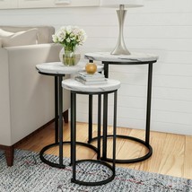 Set of 3 Tables Metal Legs Wooden Round End Tables Accent Home Decor White - £128.68 GBP