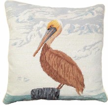 Throw Pillow Needlepoint Pelican Bird 18x18 Brown Light Beige Blue Wool ... - £229.02 GBP
