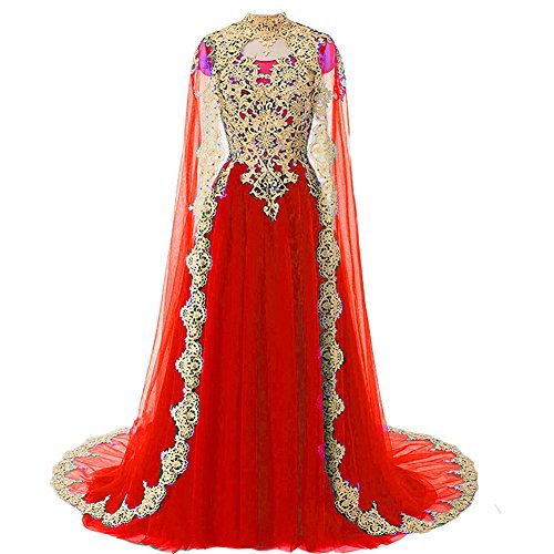 Plus Size Gold Lace Vintage Long Prom Evening Dress Wedding Gown with Cape Red U