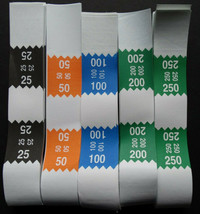 300 Mixed $25 $50 $100 $200 $250 Money Self-Sealing Straps Saw Currency ... - £7.10 GBP