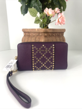 New Michael Kors Phone Wallet Purple Leather Gold Studs Zip Around Wrist... - $123.74