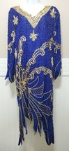 Vintage 100% SILK Blue &amp; Gold Formal Beaded Sequin Dress for fabric or r... - $76.91
