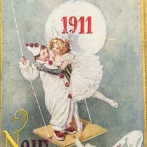 Antique 1911 Embossed New Years Greetings Pierrot Acrobatics Circus Postcard - £6.07 GBP
