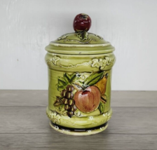 Vtg Geo Z Lefton Ceramic Green Embossed 6.75&quot; Canister w/ Lid - Fruit Apple Pear - £15.91 GBP