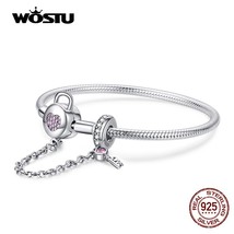 100% 925 Sterling Silver Heart Key Safety Chain Bracelets Pink Zircon Charm Bang - £51.19 GBP