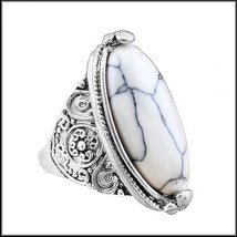 Marbled Oval White Howlite Natural Stone In Antiqued Flower Silver Plated Band - £35.13 GBP