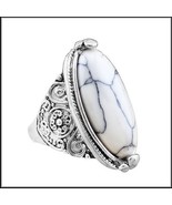 Marbled Oval White Howlite Natural Stone In Antiqued Flower Silver Plate... - £34.38 GBP