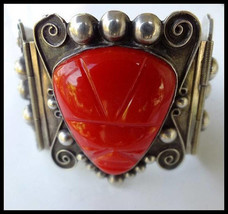 Mexican Sterling Silver Large Cuff Hinged Bracelet Carved Red Glass Aztec Face - £139.88 GBP