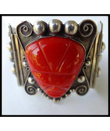 Mexican Sterling Silver Large Cuff Hinged Bracelet Carved Red Glass Azte... - £139.88 GBP