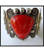 Mexican Sterling Silver Large Cuff Hinged Bracelet Carved Red Glass Azte... - $175.00
