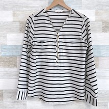 Calvin Klein Silky Zipper V Neck Blouse Off White Black Striped Womens S... - $24.74